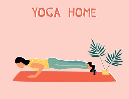 Woman doing yoga at home. Illustration with Staff Pose, Chaturanga Dandasana.のイラスト素材