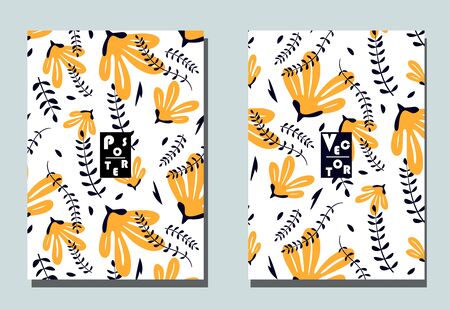 Postcards with abstract flowers and tropical leaves. Two modern vector flyers. Floral wallpaper for business brochure, cover design. のイラスト素材