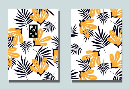 Postcards with abstract flowers and tropical leaves. Two modern vector flyers. Floral wallpaper for business brochure, cover design. のイラスト素材