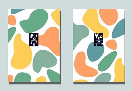 Cover with graphic elements - abstract shapes. Two modern vector flyers in puzzle  style. Geometric wallpaper for business brochure, cover design. のイラスト素材
