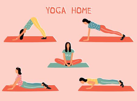Vector set with woman doing yoga at home. Illustration with Baddha Konasana, Bound Angle Pose; Adho mukha shvanasana, Downward Facing Dog; Chaturanga Dandasana, Four-Limbed Staff Pose; Bhujangasana, Cobra Pose.

のイラスト素材
