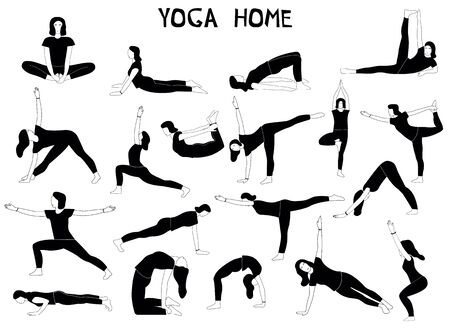 Woman doing yoga at home. Illustration with different poses.のイラスト素材