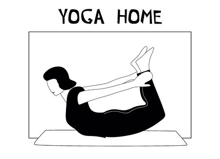 Woman doing yoga at home. Illustration with pose Dhanurasana, Bow Pose.のイラスト素材