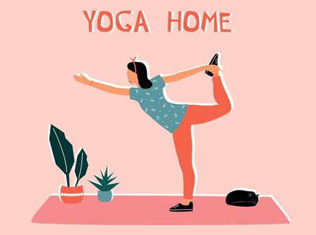 Woman doing yoga at home. Illustration with Natarajasana, dancing Shiva pose.のイラスト素材