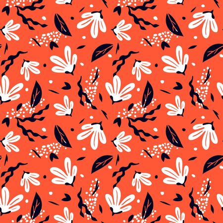 Contemporary seamless pattern with abstract flowers and tropical leaves. Summer print.のイラスト素材