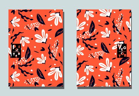 Postcards with abstract flowers and tropical leaves. Two modern vector flyers. Floral wallpaper for business brochure, cover design. のイラスト素材
