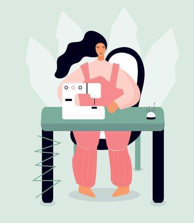Vector illustration with seamstress making clothes. Cartoon characterのイラスト素材