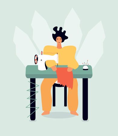 Vector illustration with seamstress making clothes. Cartoon characterのイラスト素材