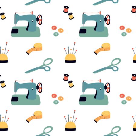 Seamless pattern with sewing stuff - sewing machine, scissors, threads, needles, pins, measuring tape, buttons. Illustration for Sewing Machine Day.のイラスト素材