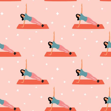 Seamless pattern with woman doing yoga at home. Illustration with side plank, Vasishthasana.のイラスト素材