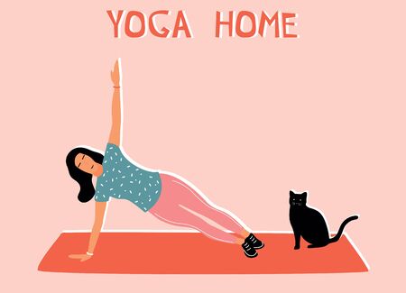 Woman doing yoga at home. Illustration with side plank, Vasishthasana.のイラスト素材