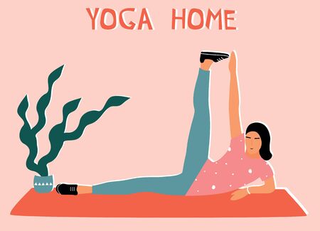 Woman doing yoga at home. Illustration with pose Ðnantasana, Side-Reclining Leg Lift.のイラスト素材