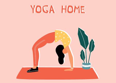 Woman doing yoga at home. Illustration with Chakrasana, Wheel Pose.のイラスト素材