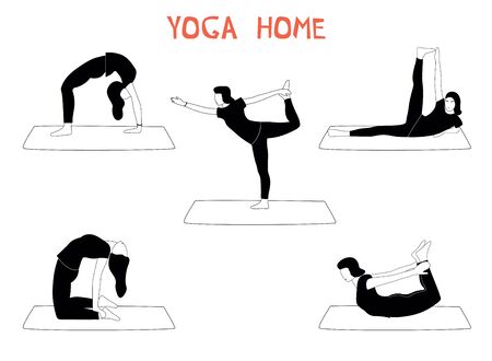 Vector set with woman doing yoga at home. Illustration with different yoga pose.のイラスト素材