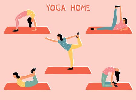 Vector set with woman doing yoga at home. Illustration with different yoga pose.のイラスト素材