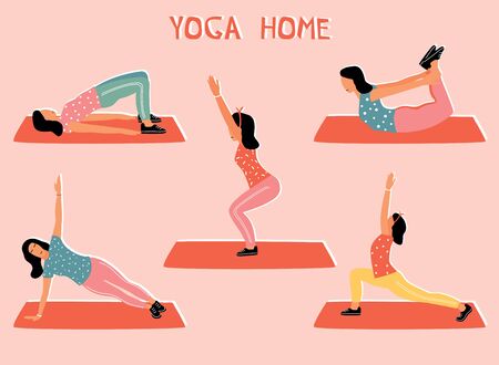 Vector set with woman doing yoga at home. Illustration with different yoga pose.のイラスト素材