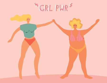 Illustration with two women wearing swimwear. Body positive female character. Owerweight characters. のイラスト素材