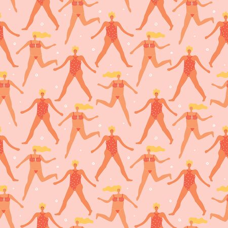 Seamless pattern with two women wearing swimwear. Body positive female character. Owerweight...