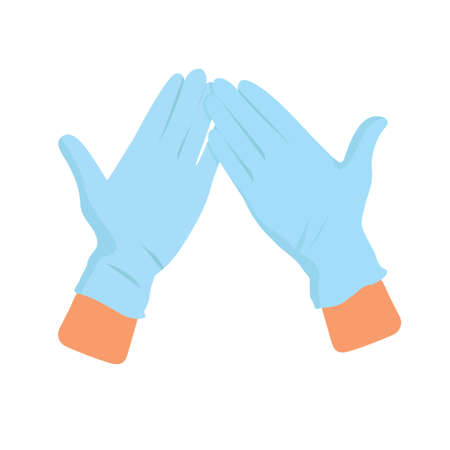 Hands in medical sterile rubber gloves. Illustration of safety measures against covid-19 virus.のイラスト素材