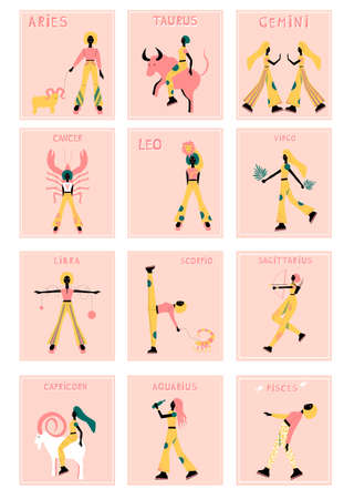 Zodiac signs - Aries, Tautus, Gemini, Cancer, Leo, Virgo, Libra, Sagittarius, Capricorn, Aquarius, Pisces, Scorpio. Abstract print with Ram, Bull, Twins, Crab, Lion, Maiden, Scales, Scorpion, Archer, Goat-Horned, Water-Bearer, Fishes.のイラスト素材