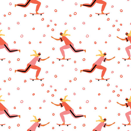 Seamless pattern with skateboarding woman. Cool cartoon charcater in modern clothes.のイラスト素材