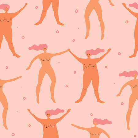 Seamless pattern with naked full women with white hair. Body positive female character. Owerweight characters.のイラスト素材