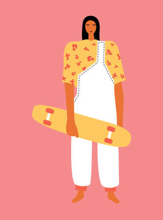 Vector illustration of woman with skateboard. Cool cartoon charcater in modern clothes.のイラスト素材