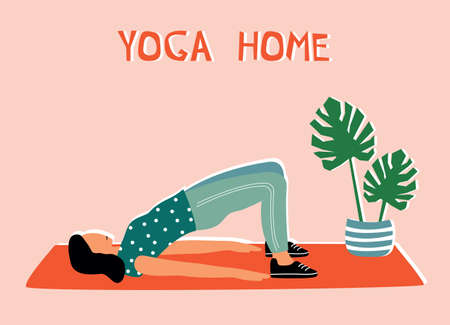 Woman doing yoga at home. Illustration with pose Bridge Pose, Setu Bandha Sarvangasana.のイラスト素材