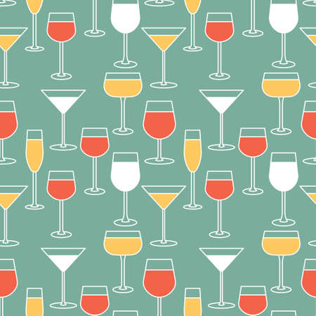 Seamless pattern with vector linear icon. Different types of glasses for alcoholic beverages - wine, champagne, martini.のイラスト素材