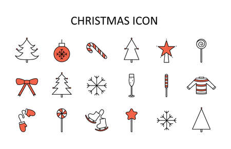 Vector outline icon set with Christmas stuff: tree, toys, candy cane, chapagne, mittens, star, sweater, skates, snowflakes, bow. Red and white silhouette with black line.のイラスト素材