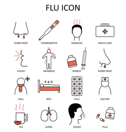 Vector set with cold and flu icons - signs of the disease and treatment. Illustration for medicine backgrounds.のイラスト素材