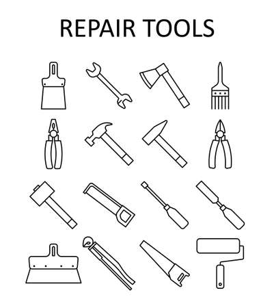 outline icon with repair tools: hummer, wrench, paint roller, putty knife, nail puller, saw, pliers, ax, hacksaw, screwdriver, paint brush, sledgehammer, nippers, chisel.のイラスト素材