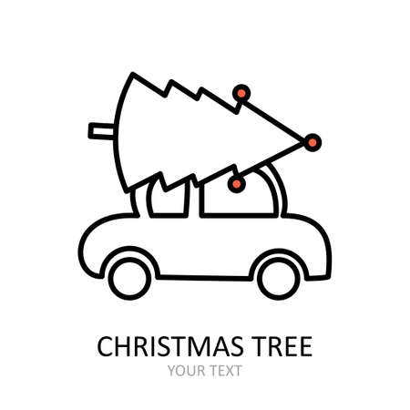 Vector outline icon with car carrying Christmas tree with toys. Red and white silhouette with black line.のイラスト素材