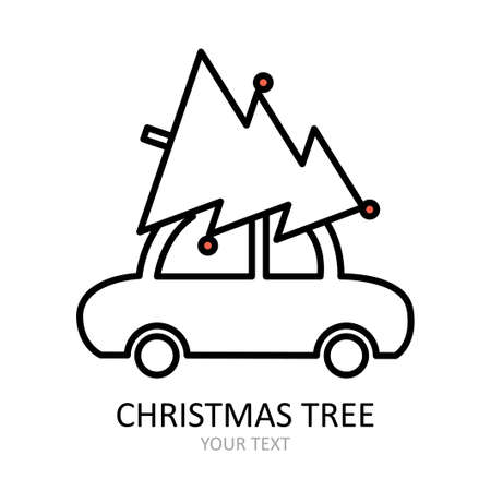 Vector outline icon with car carrying Christmas tree with toys. Red and white silhouette with black line.のイラスト素材