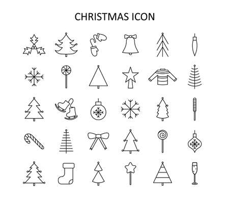 Vector outline icon set with Christmas stuff: tree, toys, mistletoe, candy cane, chapagne, mittens, star, sweater, skates, snowflakes, bow. Red and white silhouette with black line.のイラスト素材