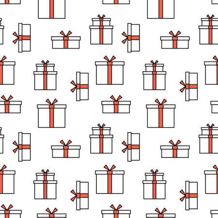 Seamless pattern with gifts. White and red silhouette with black line. Art can be used for celebrating card - bithdays, Christmas, Happy New Year.のイラスト素材