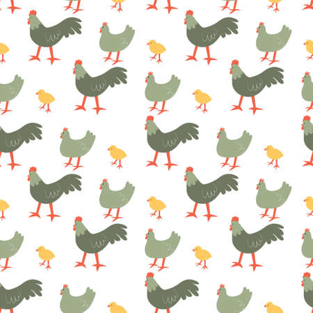 Seamless pattern with chiken, rooster and chick. Cute cartoon characters. Animal print.のイラスト素材