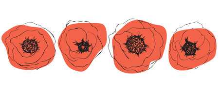 Illustration with poppies. Linear doodle art.のイラスト素材