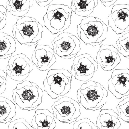 Seamless pattern with poppies. Linear doodle art.のイラスト素材