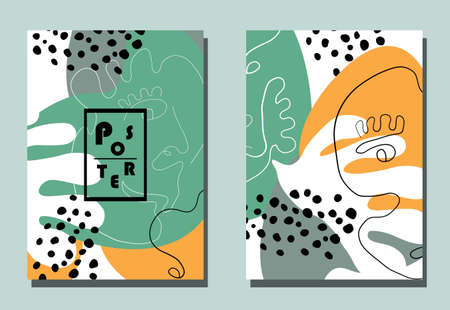 Trendy covers with graphic elements - abstract shapes and linear portraits.のイラスト素材
