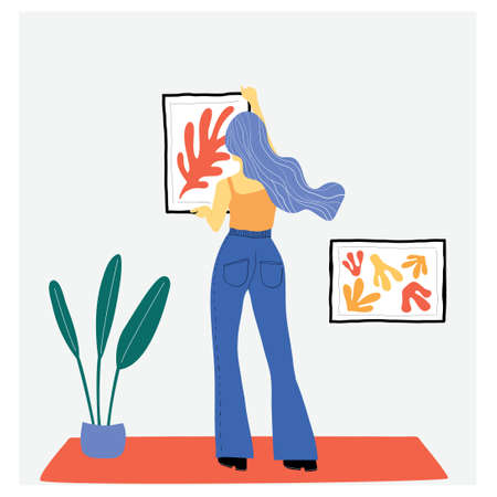 Vector illustration with an artist hanging his paintings. Person doing his hobby. Flat design.のイラスト素材