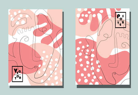 Trendy covers with graphic elements - abstract shapes and linear portraits.のイラスト素材