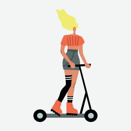 Vector illustration with woman riding kick scooter. Cartoon charcater.のイラスト素材
