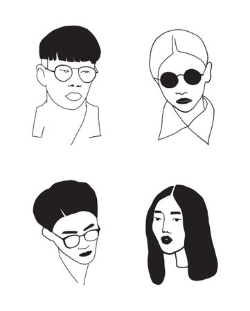 Vector illustration with doodle sketch. Linear portrait of woman, men.のイラスト素材