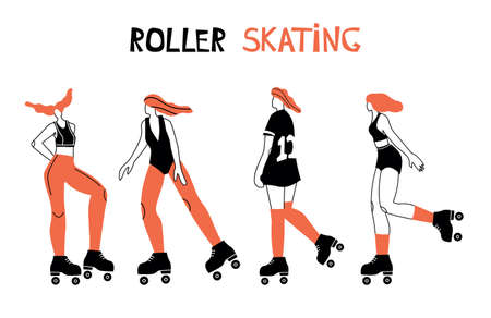 Vector illustration with roller skating woman. Cartoon character doing sport.