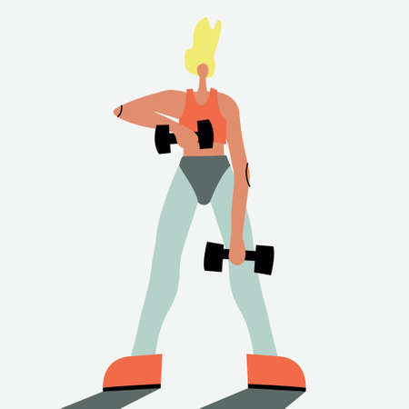 Vector illustration with woman doing sport with dumbbell. Cartoon characterのイラスト素材