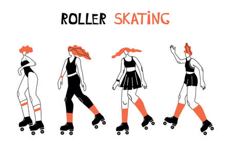 Vector illustration with roller skating woman. Cartoon character doing sport.のイラスト素材