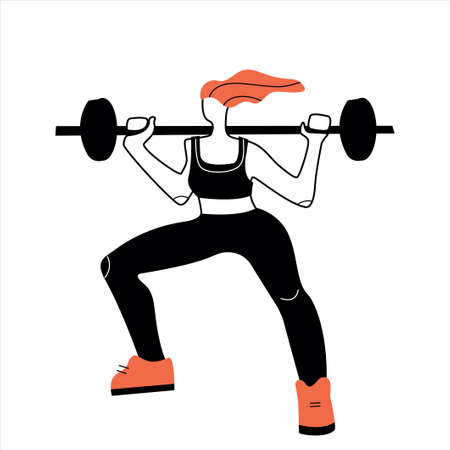 Vector illustration with woman lifting a barbell. Flat cartoon character.のイラスト素材