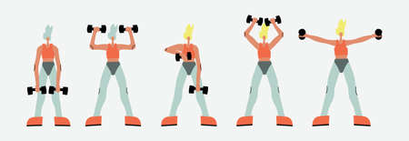 Vector illustration with woman doing sport with dumbbell. Cartoon characterのイラスト素材