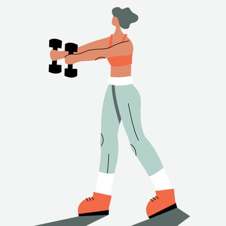 Vector illustration with woman doing sport with dumbbell. Cartoon characterのイラスト素材